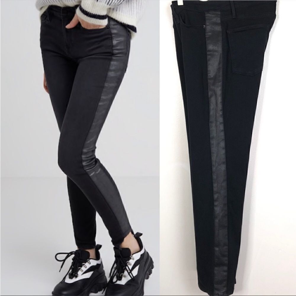 Revolve Frame Denim Le High Straight Leg Jeans, Noir Coated Tuxedo Stripe Pants